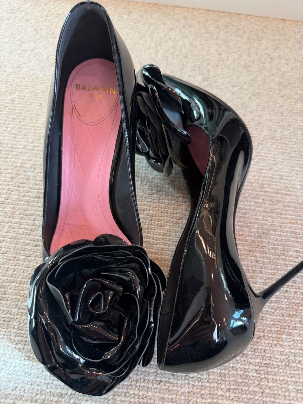 Balmain Black Patent Leather Rose Pumps with Pink Insole
